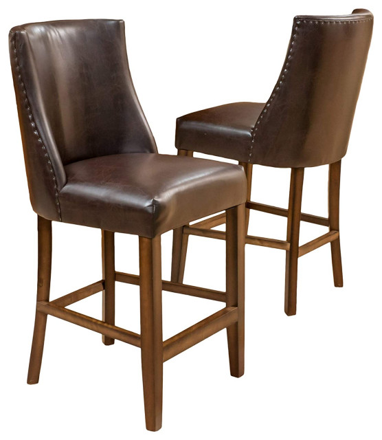 Set of 2 Counter Stool, Padded Bonded Leather Seat With Curved Backrest ...