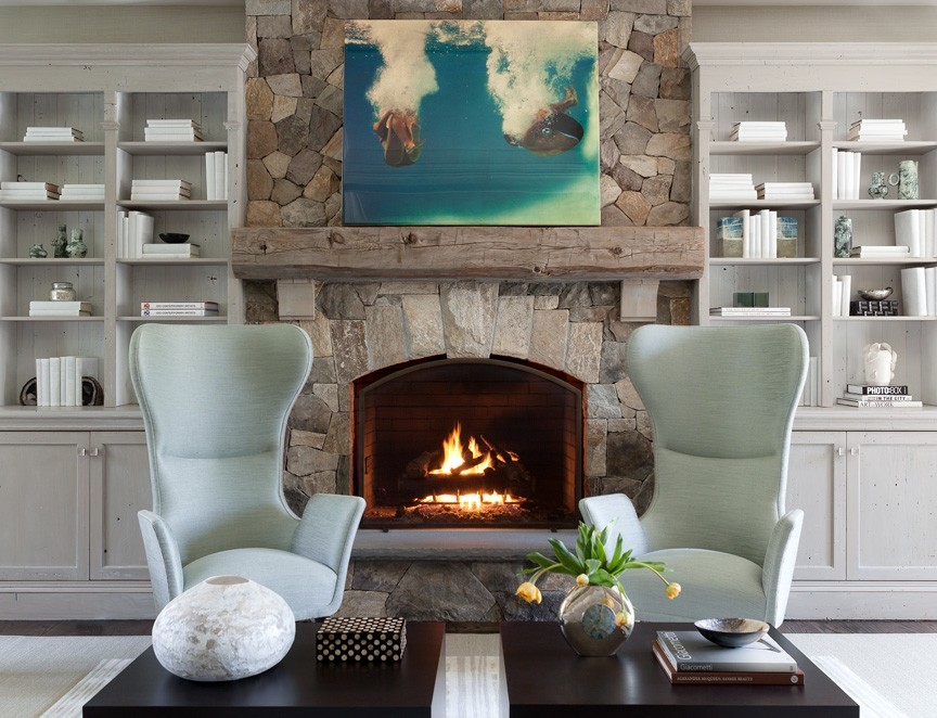 Inspiration for an expansive transitional home office in Bridgeport with a standard fireplace.