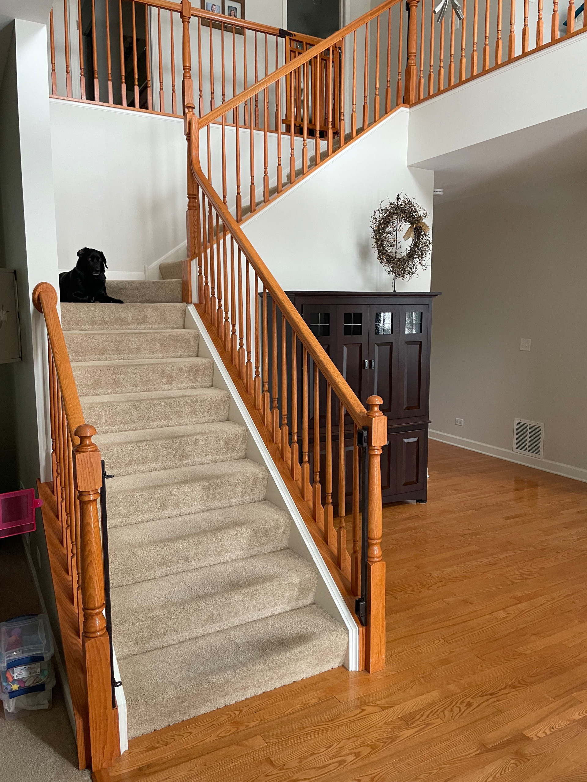 White Oak Provincial Box Newels with square white balusters