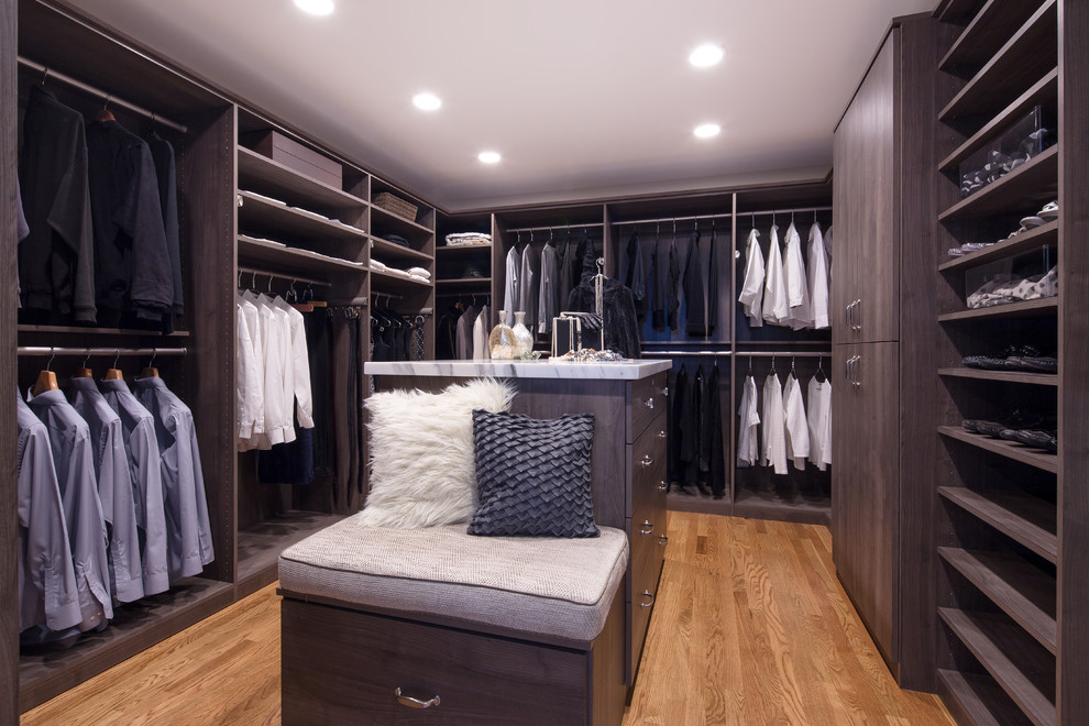 Inspiration for a large contemporary gender-neutral walk-in wardrobe in San Francisco with flat-panel cabinets, grey cabinets and medium hardwood floors.
