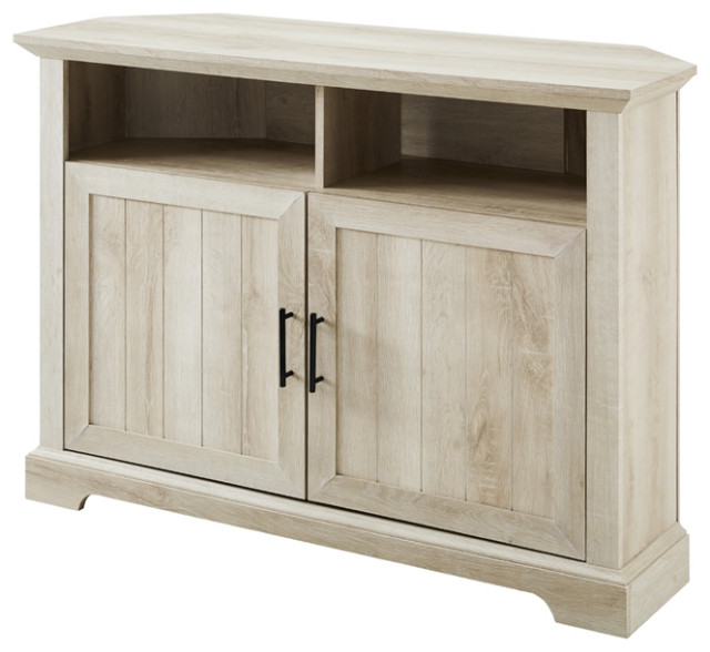 Walker Edison Grooved Wood Door Corner Tv Console In White Oak Farmhouse Entertainment Centers And Tv Stands By Homesquare Houzz