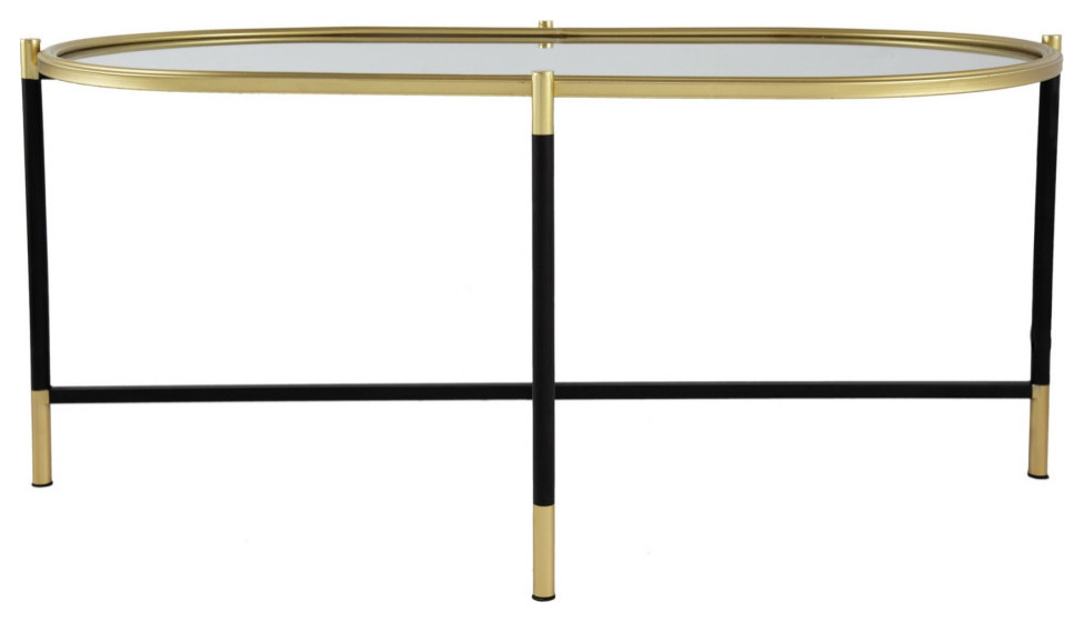 43" Elongated Mirror Top Coffee Table, Iron Frame, Gold Finish, Black Contemporary Coffee