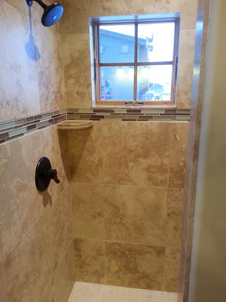 Alcove shower - transitional beige tile and porcelain tile alcove shower idea in Denver with a two-piece toilet and yellow walls