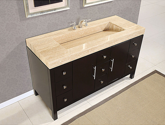 60-inch Modern Travertine Stone Top Integrated Sink Bathroom Double Vanity Cabin
