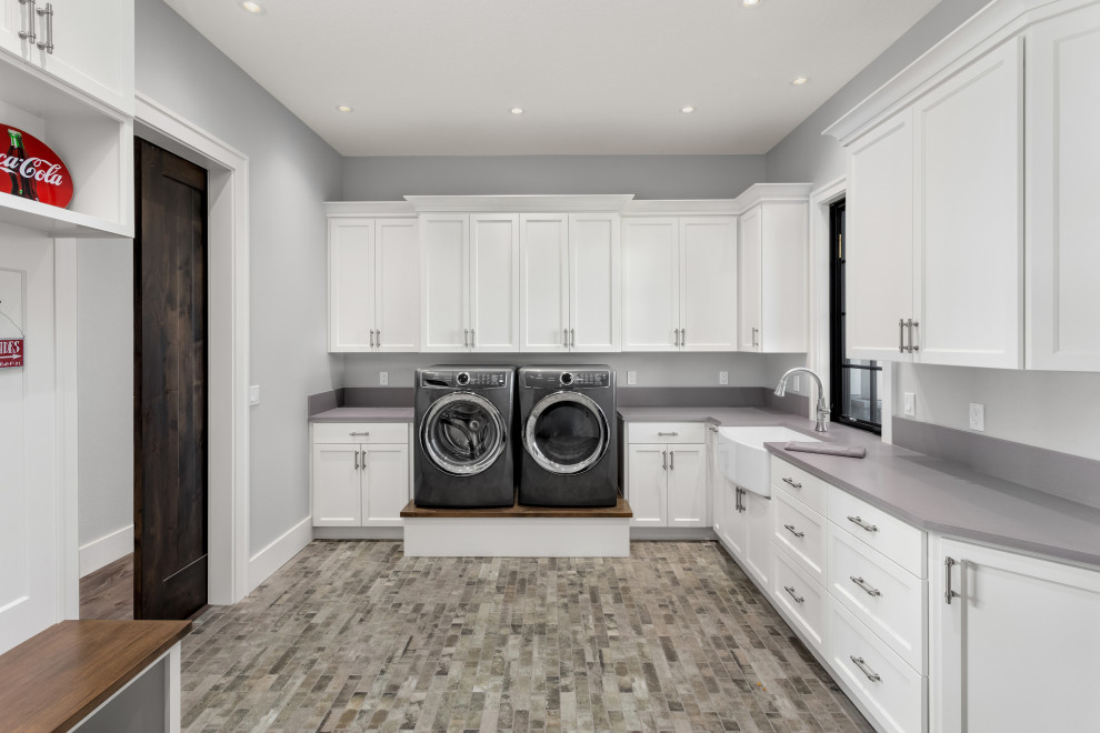 Design ideas for a contemporary laundry room in Portland.