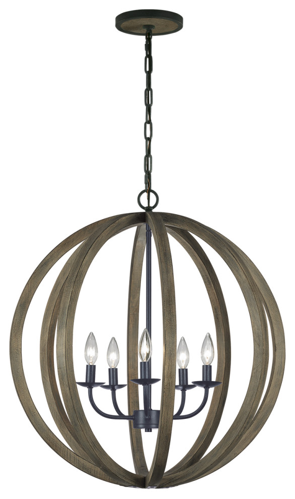 Allier Five Light Pendant in Weathered Oak Wood / Antique Forged Iron