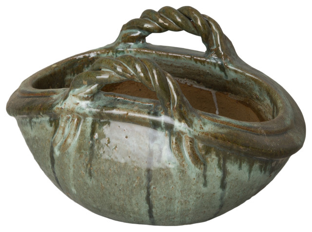 8.5" Two Handle Basket, Green Kelp Glaze