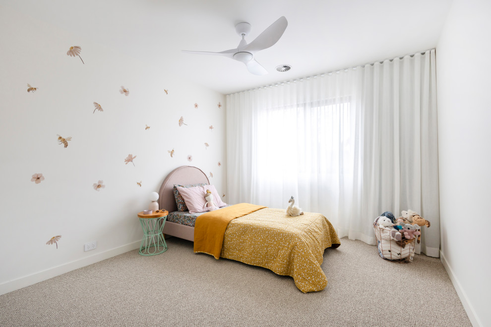 Inspiration for a large contemporary kids' bedroom for kids 4-10 years old and girls in Canberra - Queanbeyan with white walls, carpet, beige floor and wallpaper.