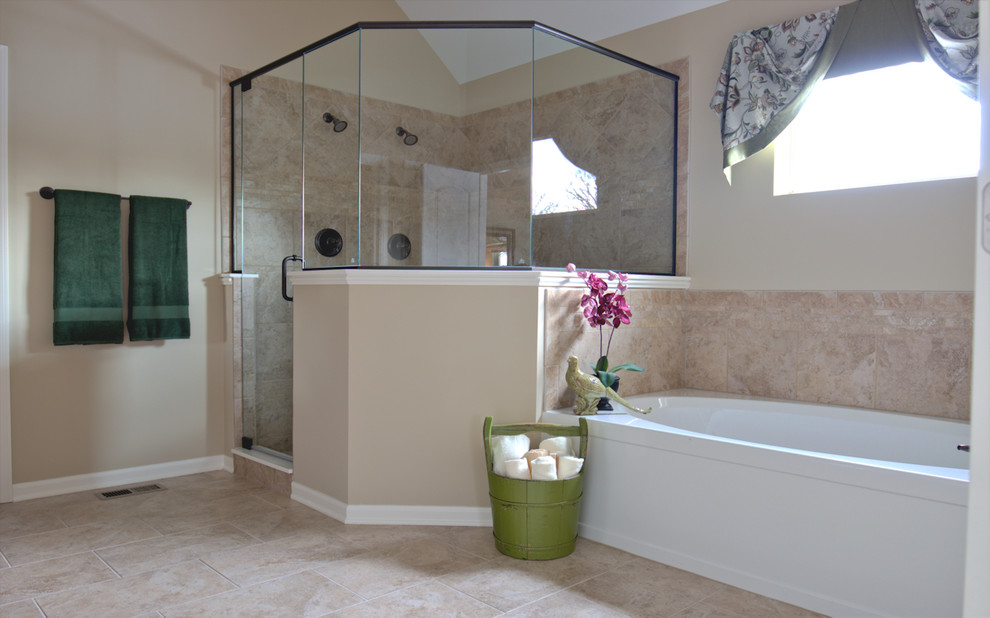 Inspiration for a transitional master beige tile alcove bathtub remodel in Chicago with beige walls