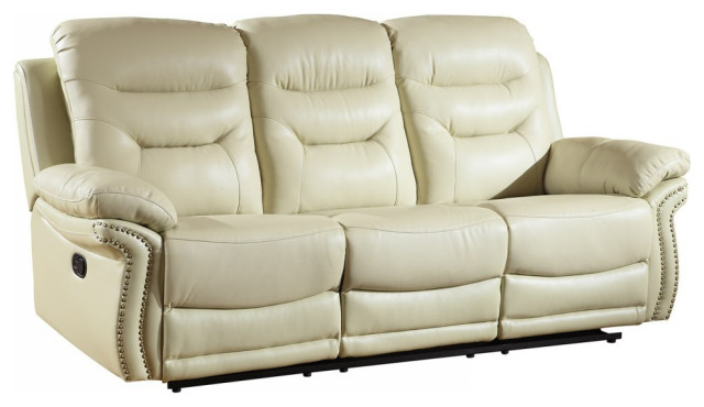90" Beige And Black Faux Leather Reclining Sofa