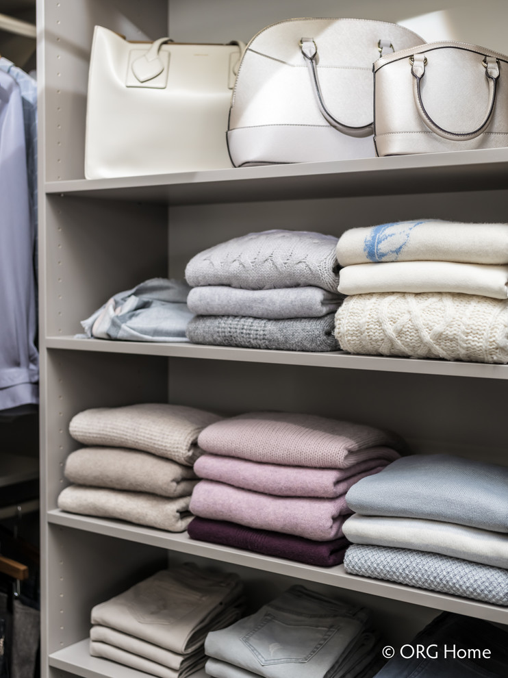 Walk-in closet - mid-sized transitional gender-neutral carpeted and beige floor walk-in closet idea with flat-panel cabinets and gray cabinets