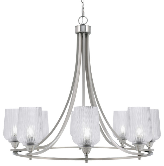 Paramount 8-Light Chandelier, Brushed Nickel, 5" Clear Textured Glass