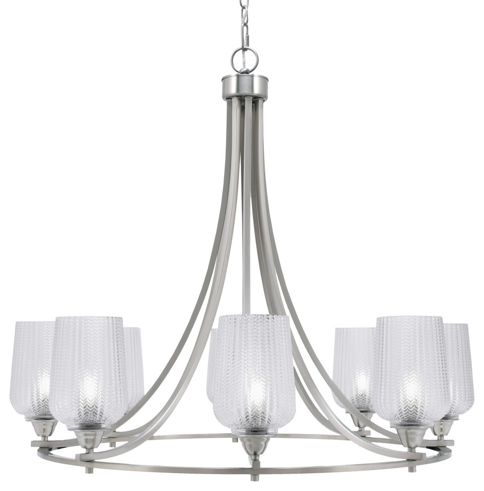 Paramount 8-Light Chandelier, Brushed Nickel, 5" Clear Textured Glass