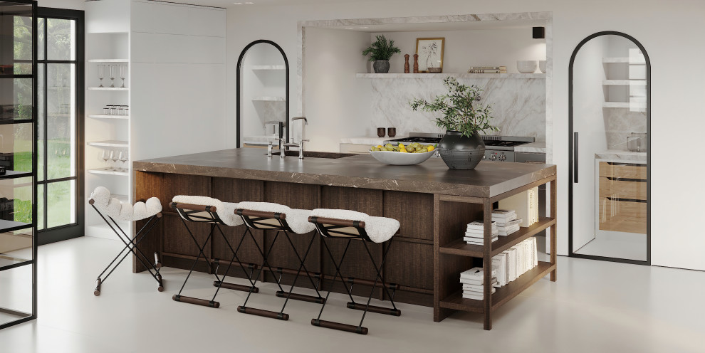 Design ideas for a modern kitchen in Miami with marble splashback, porcelain floors and brown benchtop.