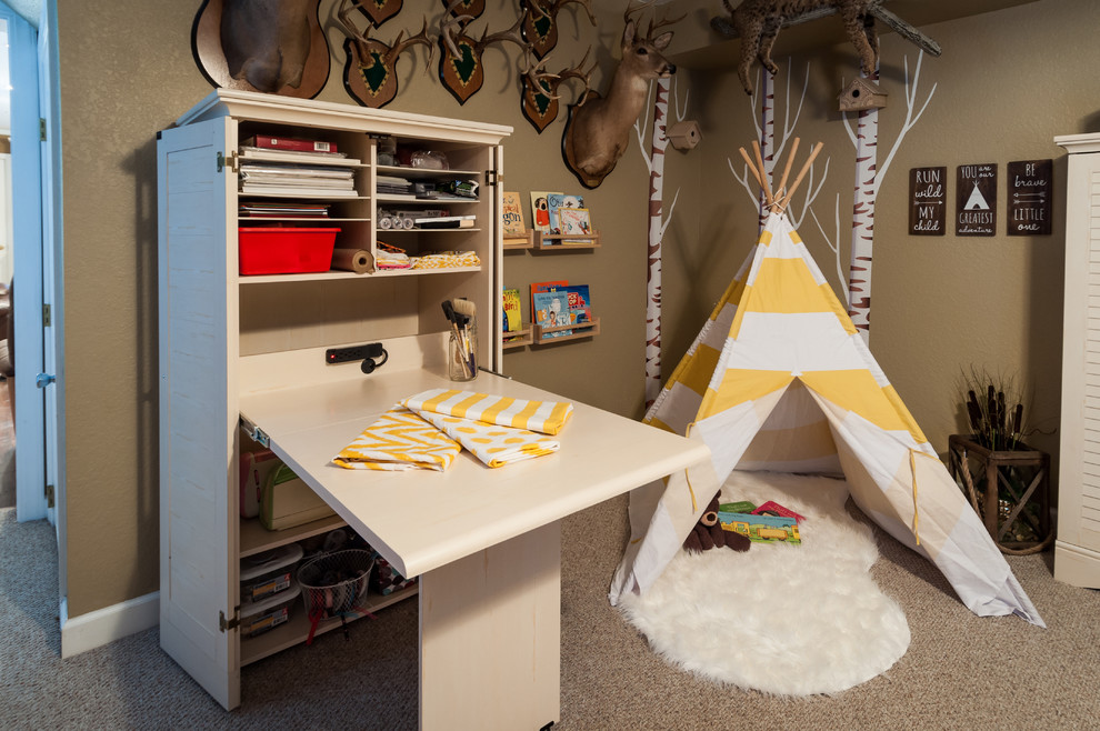 Playroom - mid-sized rustic gender-neutral carpeted playroom idea with brown walls