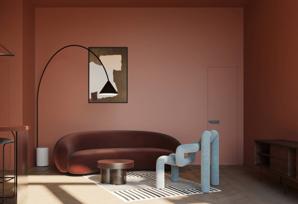 Idee per un grande soggiorno design aperto con pareti rosse, parquet chiaro e pavimento beige