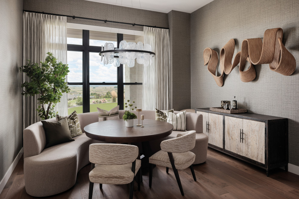 Kitchen/dining room combo - mid-sized transitional medium tone wood floor, brown floor and wallpaper kitchen/dining room combo idea with gray walls