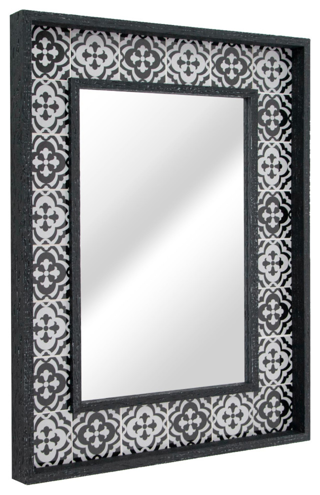 Black and White Tiled Print Blackwashed Raised Lip Double Framed Accent Mirror - Mediterranean ...