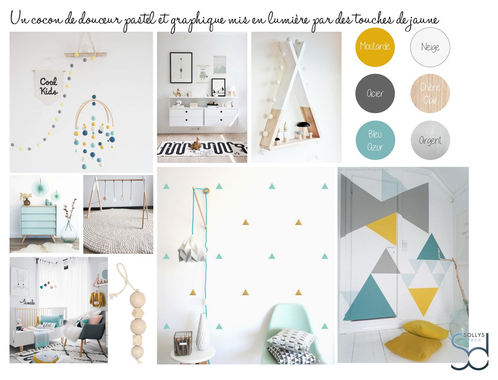 Idée de décoration pour une petite chambre de bébé garçon nordique avec un mur blanc, parquet foncé et un sol marron.