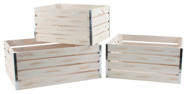 Set Of 3 Large Whitewash Wood Crates