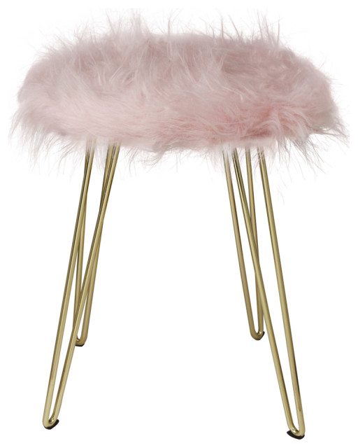 Fauxfur Pink Vanity Foot Stool With Golden Metal Legs Set Of 1