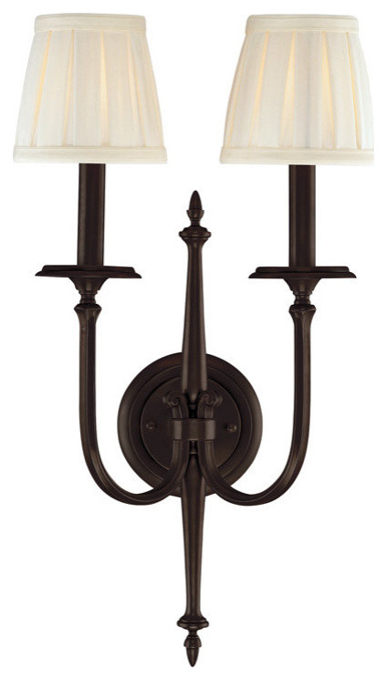 Jefferson, Two Light Wall Sconce, Old Bronze Finish, Off White Faux Silk Shade