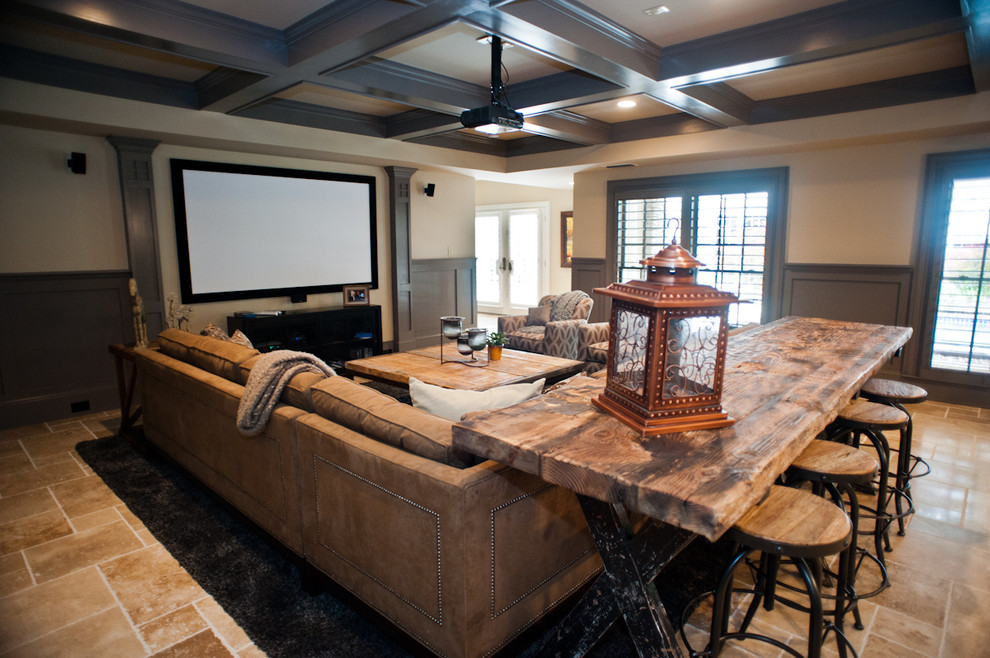 Design ideas for an expansive traditional open concept home theatre in Atlanta with beige walls, travertine floors and a projector screen.