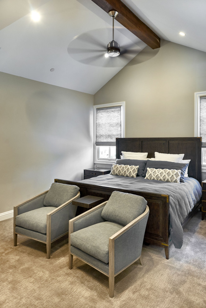 Large transitional master carpeted, gray floor and vaulted ceiling bedroom photo in San Francisco with gray walls