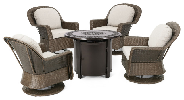 Keagan Outdoor 4-Seat Wicker Swivel Chair and Fire Pit Set - Tropical