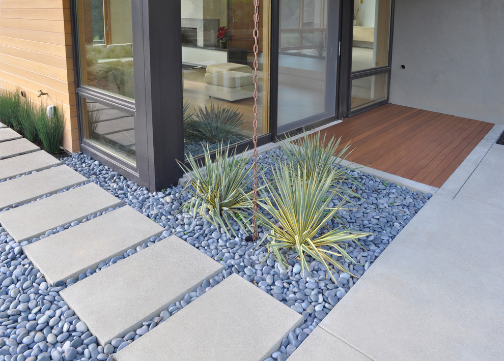 This is an example of a modern drought-tolerant river rock landscaping in San Francisco.