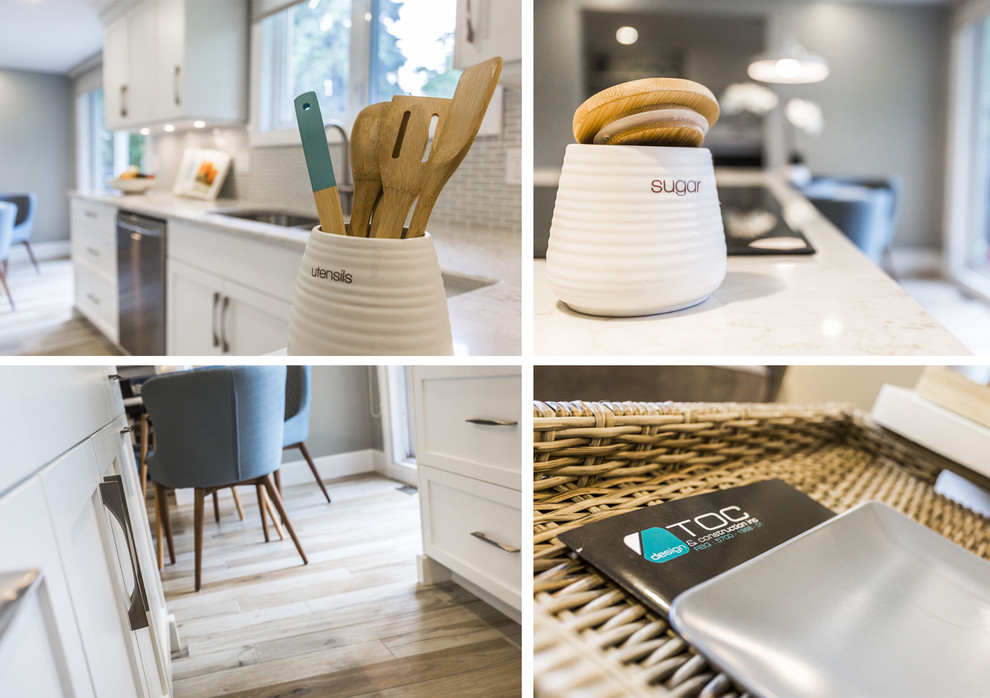 Example of a mid-sized transitional l-shaped porcelain tile and beige floor home design design with an undermount sink, shaker cabinets, white cabinets, quartz countertops, gray backsplash, mosaic tile backsplash, stainless steel appliances and an island
