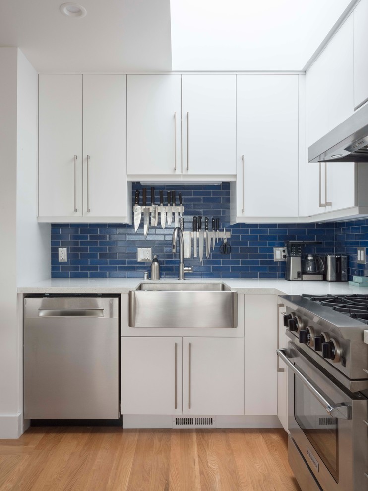 Inspiration for a contemporary eat-in kitchen in San Francisco with a farmhouse sink, flat-panel cabinets, white cabinets, blue splashback, stainless steel appliances, medium hardwood floors and with island.