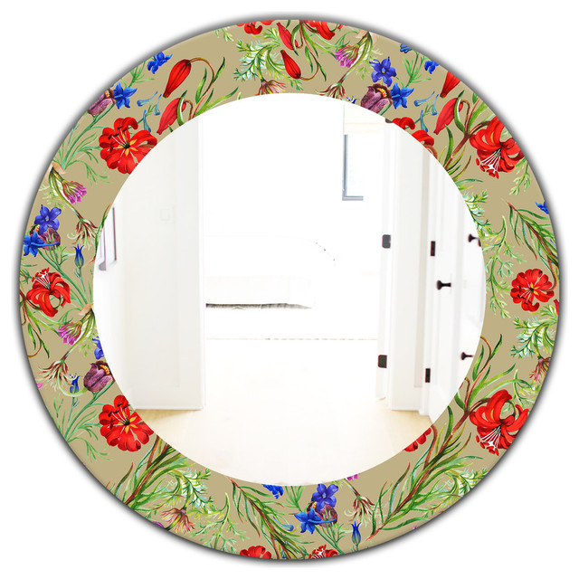 Designart Red Purple Little Blossoming Frameless Oval Round Wall Mirror 40x40