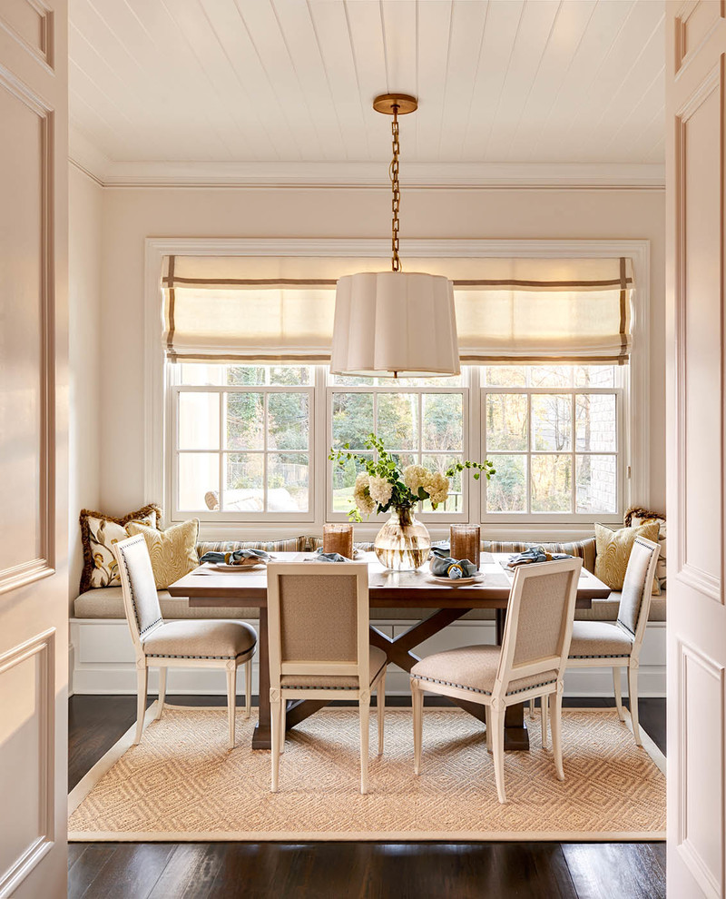 Photo of a traditional dining room in Charlotte with beige walls and dark hardwood floors.