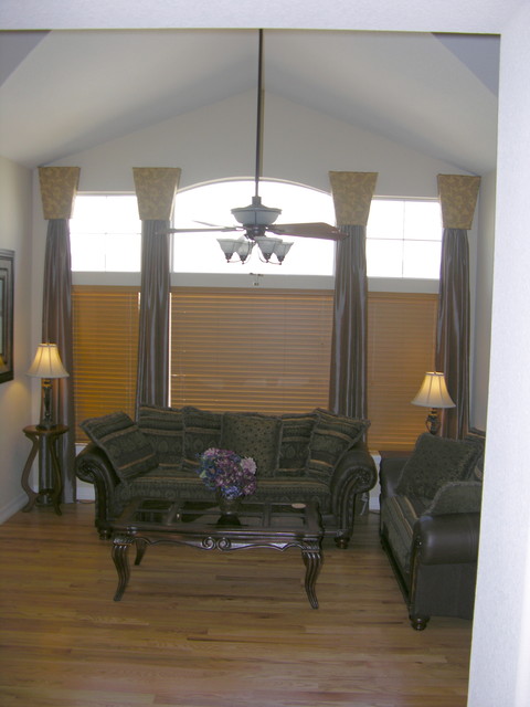 After High Ceiling Window Treatments Transitional Family Room