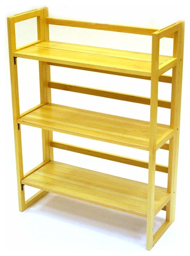 Folding Bookshelf in Solid Oak Wood with 3 Open Shelves for additional Storage