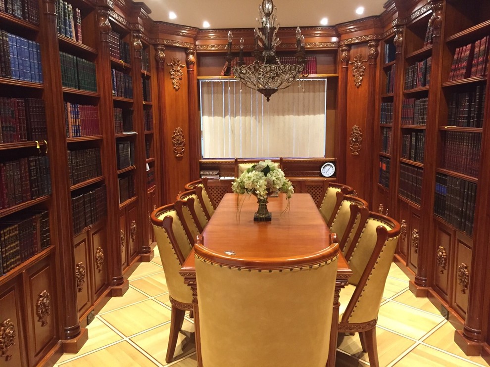 Large arts and crafts study room in New York with ceramic floors and a freestanding desk.