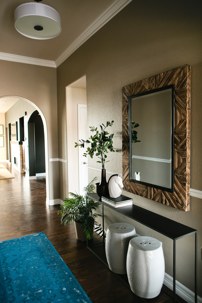 Mid-sized transitional foyer in Denver with grey walls, dark hardwood floors, a single front door and a white front door.
