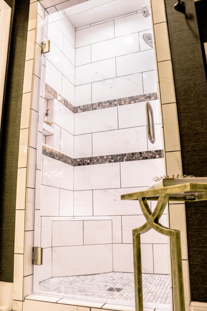 Alcove shower - large transitional master white tile and ceramic tile ceramic tile alcove shower idea with white cabinets, brown walls, an undermount sink and granite countertops
