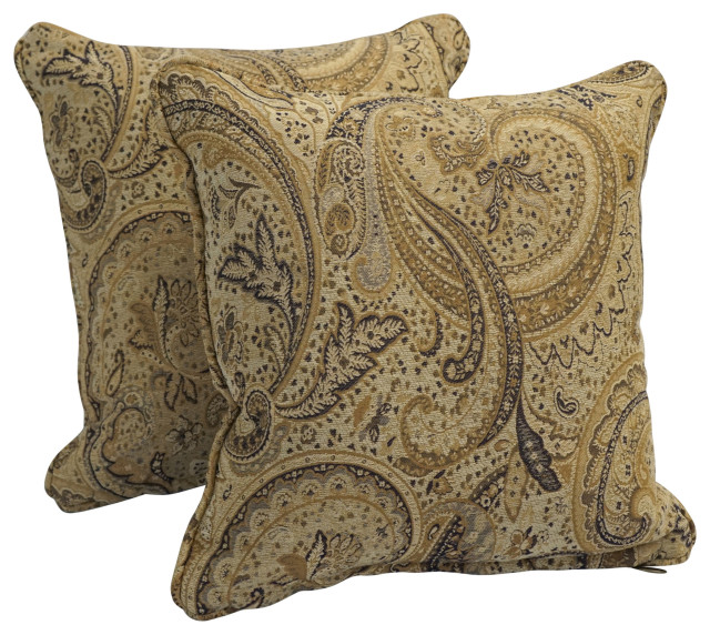 18" DoubleCorded Jacquard Chenille Square Throw Pillows, Set of 2, Tan Paisley Mediterranean