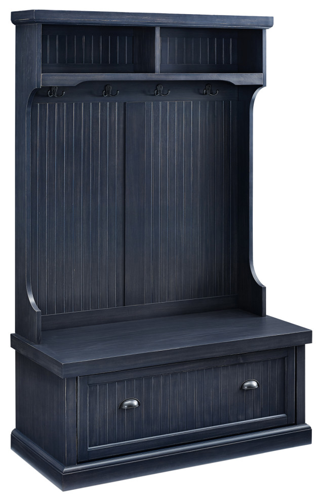 Seaside Hall Tree, Distressed Navy Finish Transitional Hall Trees