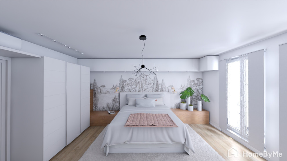 Modelo de dormitorio principal y blanco y madera minimalista grande sin chimenea con paredes blancas, suelo de madera clara, casetón y papel pintado