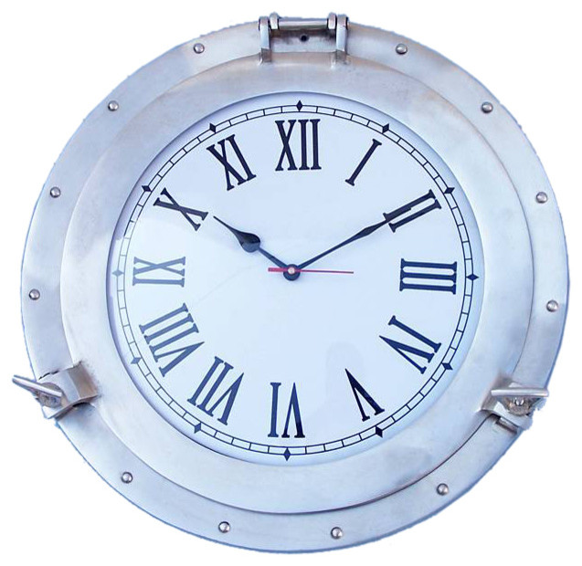 Brushed Nickel Deluxe Class Porthole Clock 17'', Nautical Wall Clock, Beach Transitional