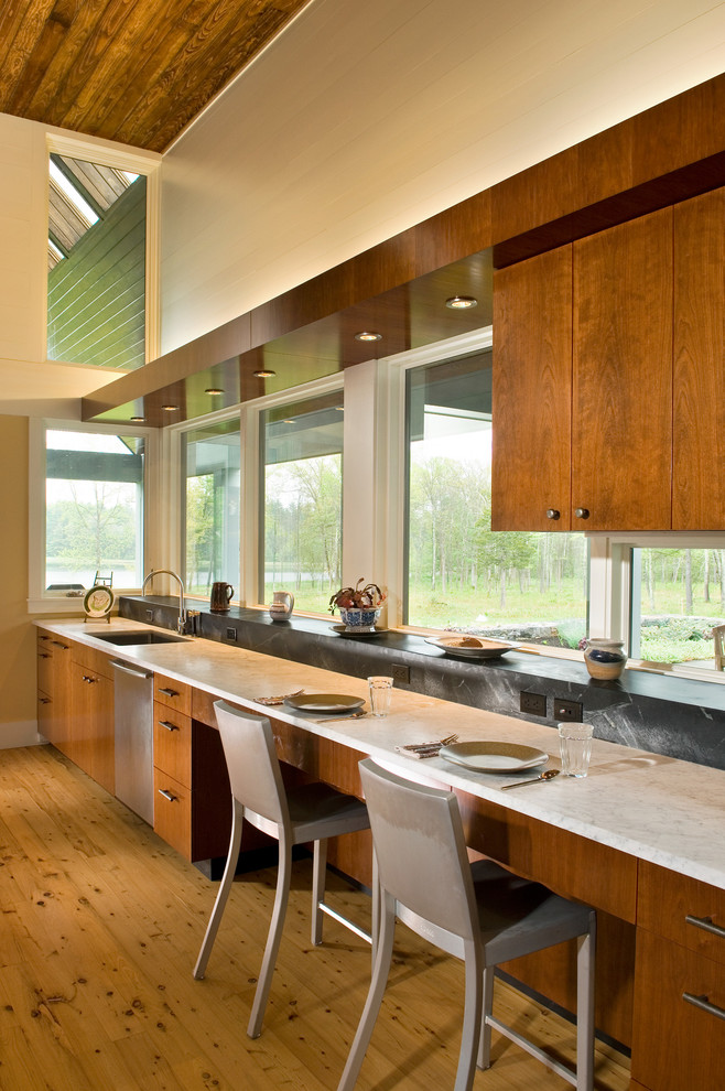 Design ideas for a modern kitchen in Boston with stainless steel appliances, soapstone benchtops, an undermount sink, flat-panel cabinets and medium wood cabinets.