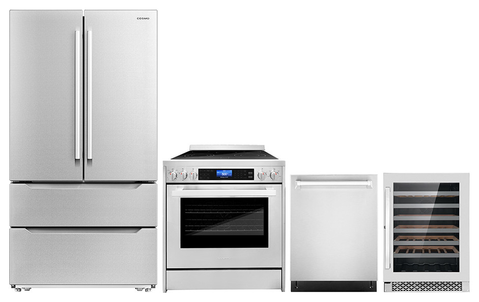 4 Piece, 30" Range 24" Dishwasher & Refrigerator & Wine Refrigerator