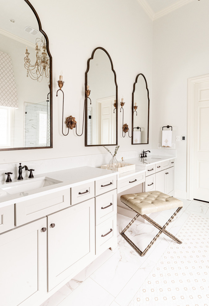 Inspiration for a large master bathroom in Nashville with shaker cabinets, grey cabinets, grey walls, marble floors, an undermount sink, engineered quartz benchtops, white benchtops, a double vanity, white floor and a built-in vanity.