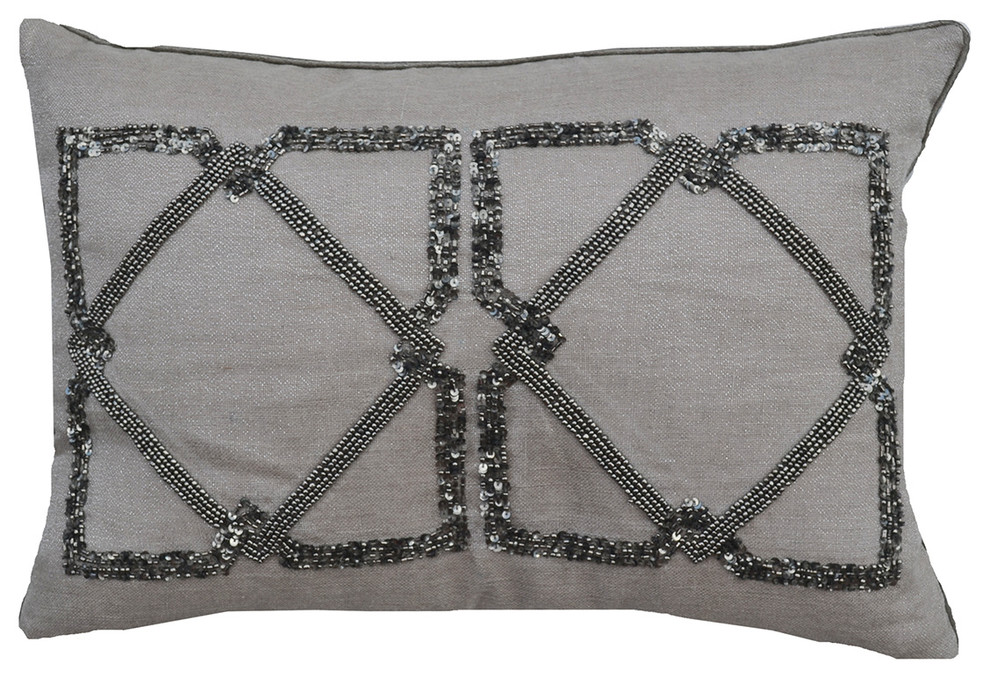 Metallic Linen Pillow With Silver Beadwork, 14"x20" Contemporary