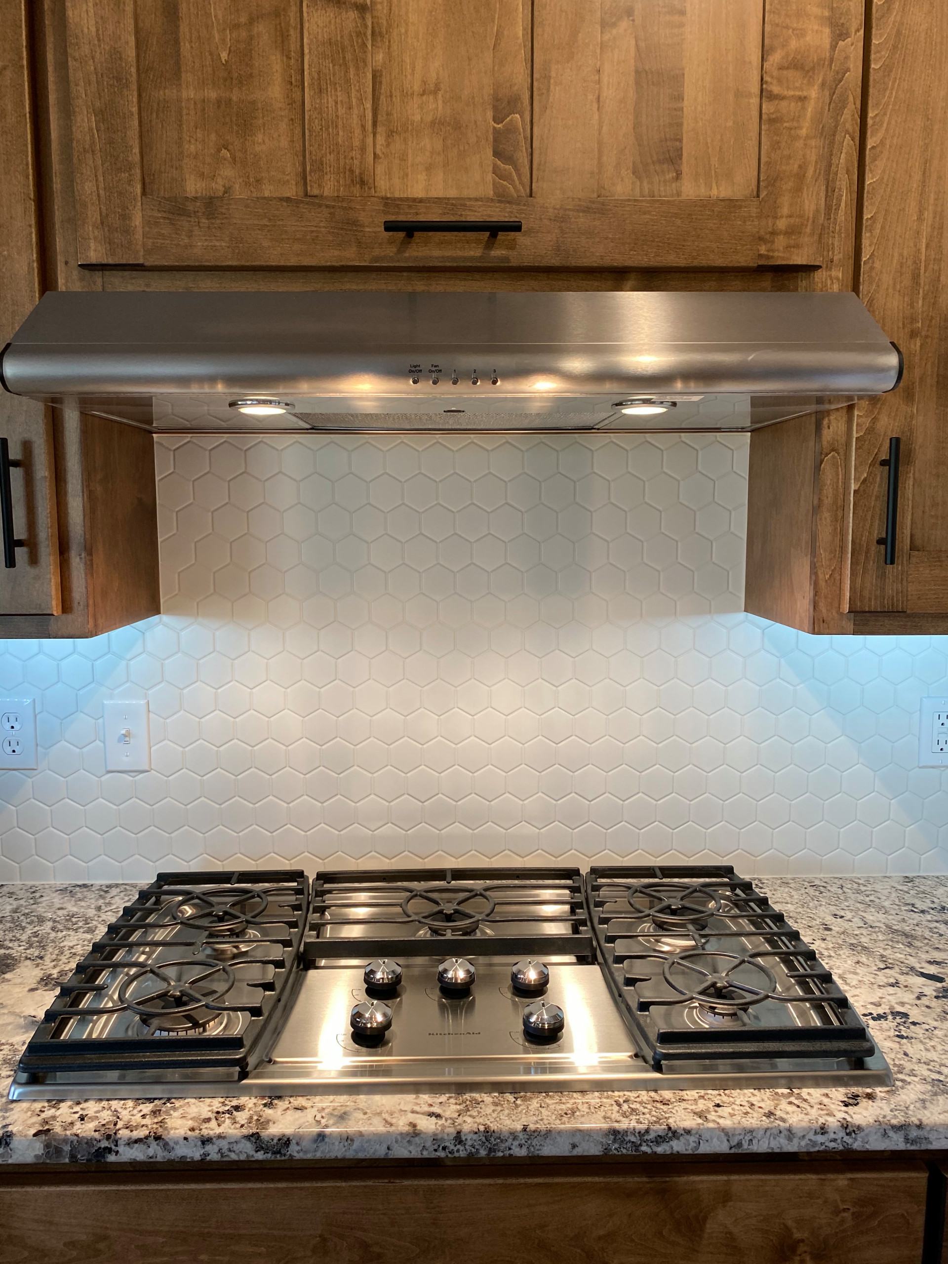 Gas stove top with brushed nickel vent hood