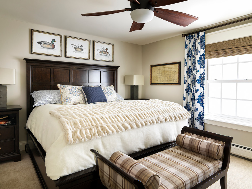 This is an example of a mid-sized traditional master bedroom in Denver with grey walls, carpet and beige floor.