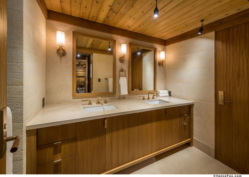 This is an example of a mid-sized midcentury bathroom in Sacramento with flat-panel cabinets, medium wood cabinets, beige tile and beige walls.